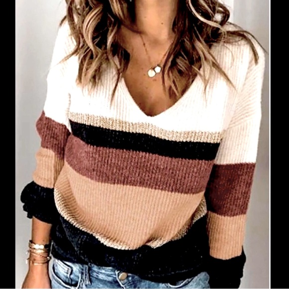 Comfort Sexy  V-Neck Rib Kni knitted Long Sleeve Different Color Striped Sweater - Picture 4 of 4